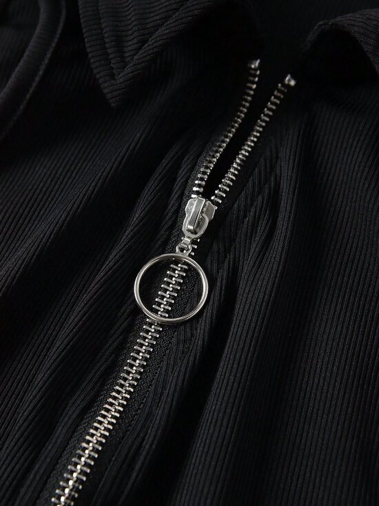 Black Casual Women's Zipper Half Placket Turn-Down Collar Tank Top - Picture 5 of 8